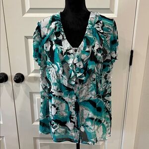 Sheer Elegant Ruffle Blouse in Teal and Black 2XL